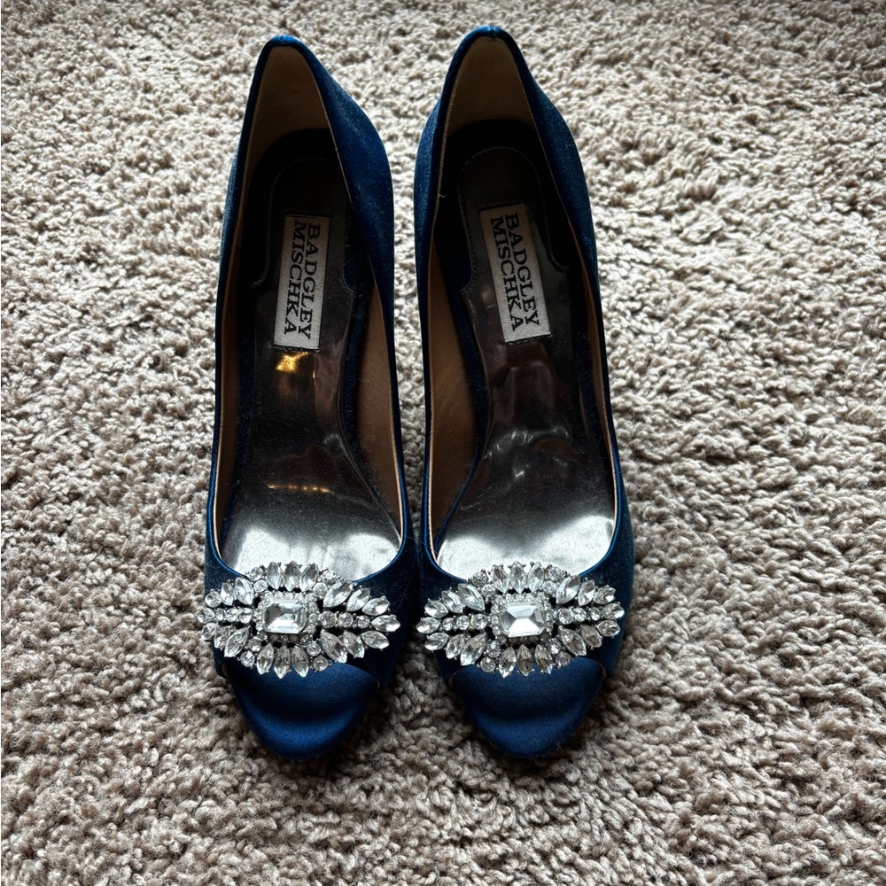 Badgley Mischka Navy Satin Pumps with Jewel Detail